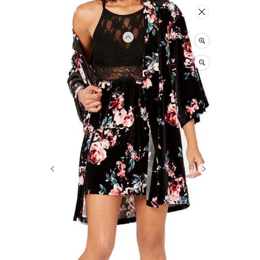 Women Black Satin Floral Robe Small Lace Trim Short Kimono Loungewear Cover READ